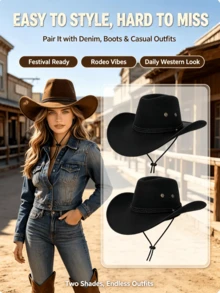 1pc Unisex Western Cowboy Hat, Wide Brim Straw Hat For Men And Women, Sun Protection, Windproof Rope, Suitable For Back To School, Holidays, Casual Occasions - Multicolor - View 3