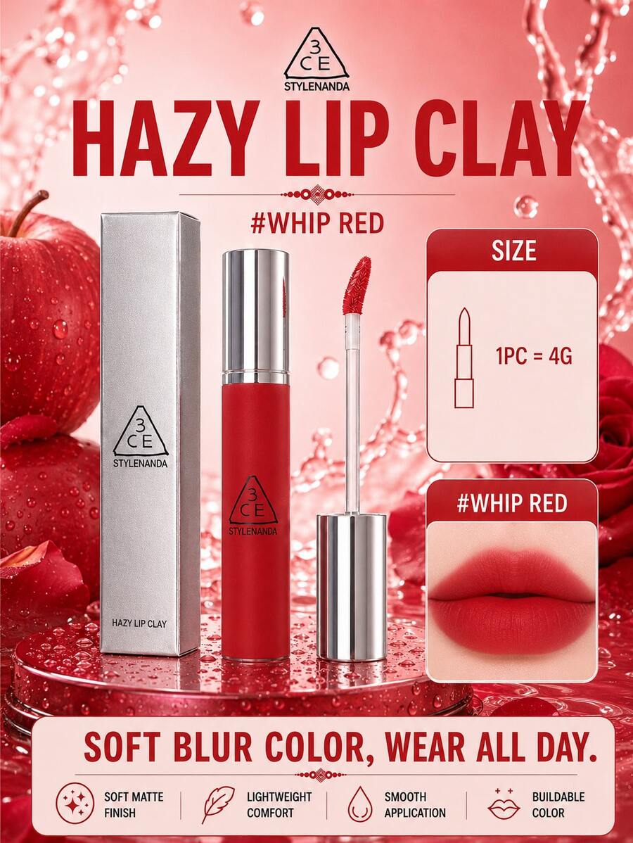 3CE HAZY LIP CLAY#WHIP RED 4g，絲滑不拔乾，顯色可疊加，黃皮白皮都適配