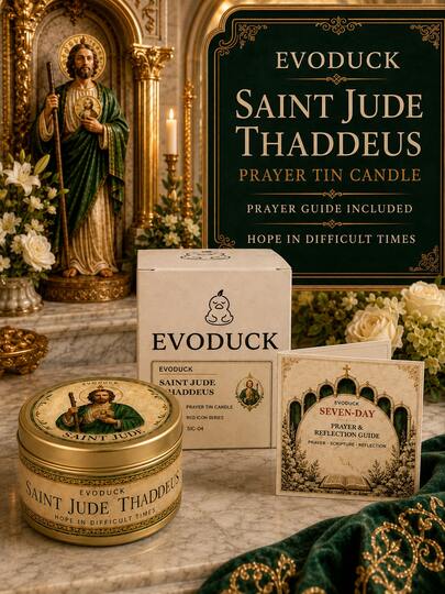 EVODUCK 1pc Saint Jude Thaddeus Religious Candle Gift Set, Devotional Tin Can Candle With 7-Day Prayer & Reflection Booklet, Hope Decor For Difficult Times, Suitable For Altar, Meditation Corner, Windowsill, New Job, Exam Season Student & Nurse Gift