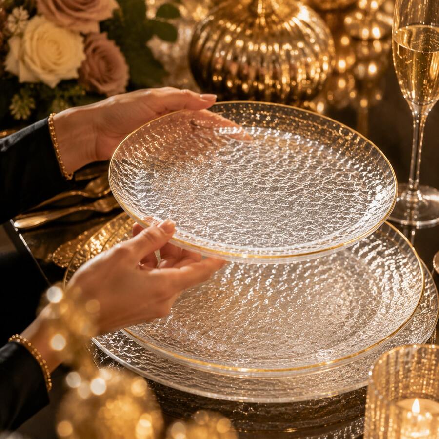 1/20/25/50pcs Gold Rim Hammered Texture Round Flat Plates, Transparent Texture Fruit And Dessert Trays, Western Dinner Wedding Party Table Setting, Holiday Gathering Tabletop Decor Tableware, Restaurant Dessert Display Plates, Light Luxury Nordic Style Home Dining Table Decoration Plates - Clear - View 1