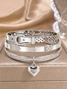 Camhanno 3pcs/Set Fashionable Stainless Steel Bracelet, Inlaid With Transparent Zirconia, Elegant And Flattering To Skin Tone, Versatile For Any Outfit - Silver - View 5