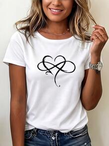 Casual Heart Graphic T-Shirt For Women, Short Sleeve Round Neck, Daily Wear Suitable For Autumn Matching - 白色 - 查看 4