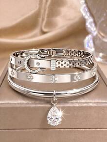 Camhanno 3pcs/Set Fashionable Stainless Steel Bracelet, Inlaid With Transparent Zirconia, Elegant And Flattering To Skin Tone, Versatile For Any Outfit - Silver - View 6