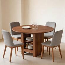 Mesa de Comedor Redonda Moderna con Almacenamiento Abierto, Tapa con Acabado de Madera de Nogal y Cuerpo con Acabado de Nogal, 100cm de Diámetro, para 4-6 Personas, para Cocina, Comedor y Espacios Pequeños - 1 - Ver 7