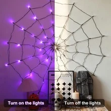 LED Spider Web Lights 4ft Purple Halloween Decoration String Lights | 70 LED Bulbs, 8 Lighting Modes, Remote Control And Battery Powered, Create Mysterious Atmosphere, Suitable For Halloween Theme Party Garden Holiday Halloween Party Decoration - Multicolor - View 6