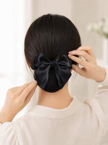 1pc Women's Detachable Hair Net Bow Hair Clip, Black Satin Ribbon Bun Hair Net With Removable Base Clip, Secure Hair Tie Net For Neat Updo Hairstyles; Suitable For Office, Dance, Ballet, Restaurant Work, Bedroom Grooming, Back To School Outfits, All-Season Style, Can Be Used As Holiday Gift - Black - View 5