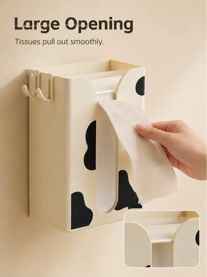 Modern Cream Rectangular Wall-Mounted Tissue Box, Checkerboard Or Cow Print, Large Opening Tissue Dispenser, With 2 Detachable Hooks, Suitable For Bathroom, Vanity, Kitchen, Bedroom, Dorm, Apartment Countertop Storage, Perfect For Housewarming Gift And Daily Use