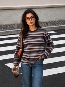 Earth Tone Multicolor Striped All-Over Print Burgundy Contrast Collar Loose Drop Shoulder Long Sleeve T-Shirt, Vintage Maillard Style Versatile All-Match Top - Brown - View 1