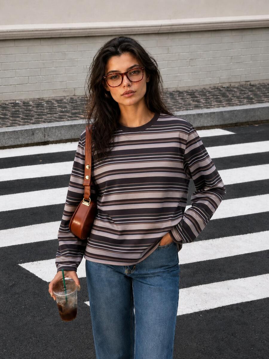 Earth Tone Multicolor Striped All-Over Print Burgundy Contrast Collar Loose Drop Shoulder Long Sleeve T-Shirt, Vintage Maillard Style Versatile All-Match Top - Brown - View 1