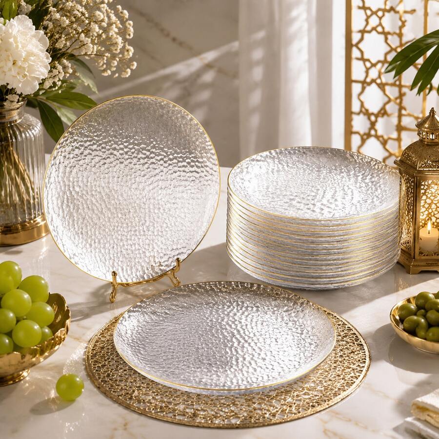 1/20/25/50pcs Gold Rim Hammered Texture Round Flat Plates, Transparent Texture Fruit And Dessert Trays, Western Dinner Wedding Party Table Setting, Holiday Gathering Tabletop Decor Tableware, Restaurant Dessert Display Plates, Light Luxury Nordic Style Home Dining Table Decoration Plates - Clear - View 1