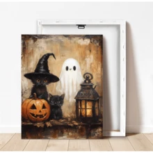 1pc Canvas Wall Art With Frame, Vintage Halloween Theme, Black Cat, Witch Hat, Cute Ghost, Pumpkin Lantern, Glowing Lantern Pattern, Country Style Oil Painting, Pastoral Dark Academia Aesthetic, Suitable For Modern Home Decor, Room Decoration - Black Cat Ghost - View 4