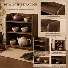 Dark Brown Wood 3-Tier Tea Set Storage Rack With Open Shelf Design, Tea Organizer, Teaware Storage Rack, Countertop Organizer, Tea Cup Holder, Tea Display Shelf, Kitchen Storage Rack, Tabletop Shelf For Kitchen, Dining Room And Tea Corner - Chocolate Brown - View 5