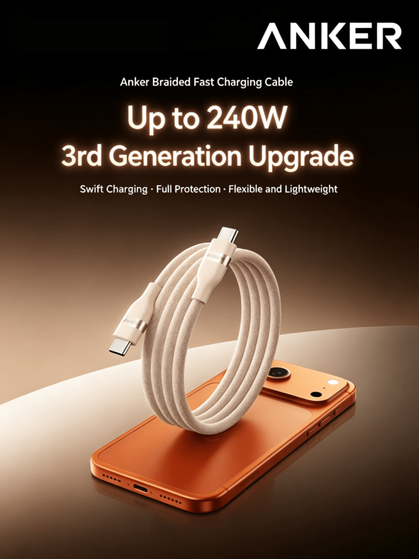 anker Câble de données double tête Type-C A82E2 en coton doux, compatible iPhone 17/16 Pro Max/15/iPad/Mac, câble de charge rapide Huawei 240W, 0,9 m/1,8 m, plusieurs couleurs