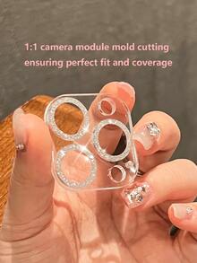 1pc Glitter Apple Lens Protector Integrated Design, Compatible With IPhone 11 12 13 14 15 16 17 Pro Plus Pro Max Mini Camera Lens Protection Ring Frame Cover, Tempered Glass Transparent Lens Film - Silver - View 4