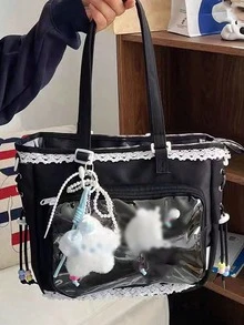 1件甜美淑女清新百搭單肩包，珍珠蝴蝶結亮點盡顯精緻優雅，動漫JK Cosplay DIY透明裝飾包，蕾絲飾邊裝飾，雙抽繩日常休閒大容量托特包，女款包，極簡優雅女款錢包，痛包 - 黑色 - 查看 7