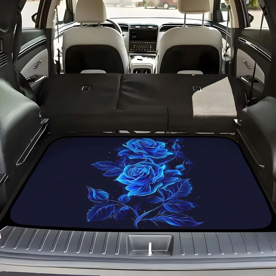 1pc Car Trunk Mat, Waterproof Anti-Slip Dust-Proof Cargo Liner, Unisex, Vehicle Rear Trunk Interior Decoration, Shiny Blue Rose Floral Pattern, Universal Trunk Protector Mat - Rose - View 1