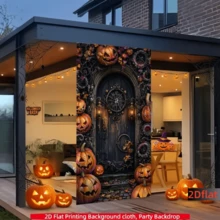 2D Flat Banner 1pc Halloween Vintage Pumpkin Door Curtain Hanging Cloth, Dark Gothic Pumpkin Lantern Clock Print Door Cover, Suitable For Halloween Indoor/Outdoor Holiday Decoration, Party Backdrop, Theme Photography Wall, Creating Horror Mysterious Atmosphere, Polyester Material - A - View 6