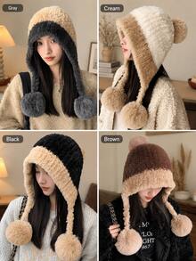 Women's Winter Pom Pom Hat, Fashion Ear Protection Design, Plush Lining Warm Hat, Christmas Halloween Thanksgiving Holiday Gift - Multiple Styles - View 5