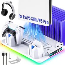 Cooling Base For P5 Standard/Slim/Pro Disc And Digital Editions, 2.5H Dual Controller Charging Station With 3-Speed Fan, 9 RGB Modes, 14 Game Card Slots, Headphone Holder, 2 USB-A Ports And USB-C Input - View 1