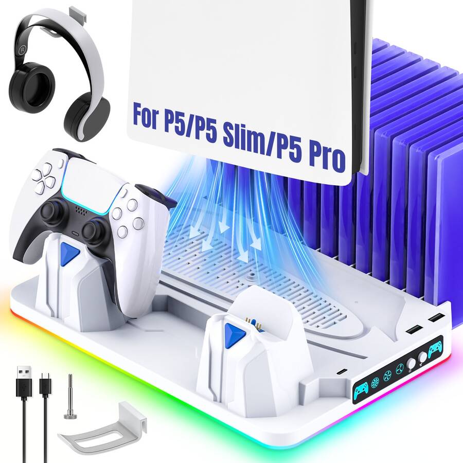 Cooling Base For P5 Standard/Slim/Pro Disc And Digital Editions, 2.5H Dual Controller Charging Station With 3-Speed Fan, 9 RGB Modes, 14 Game Card Slots, Headphone Holder, 2 USB-A Ports And USB-C Input - View 1