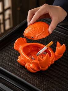 1個螃蟹造型附蓋菸灰缸，防風菸灰收納盒，可愛桌面裝飾，適用於室內、戶外、居家、辦公室、客廳、露台、陽台、酒吧，可作為禮物、房間裝飾、家居裝飾、朋友禮物、返校禮物、萬聖節裝飾 - 龍蝦 - 查看 2