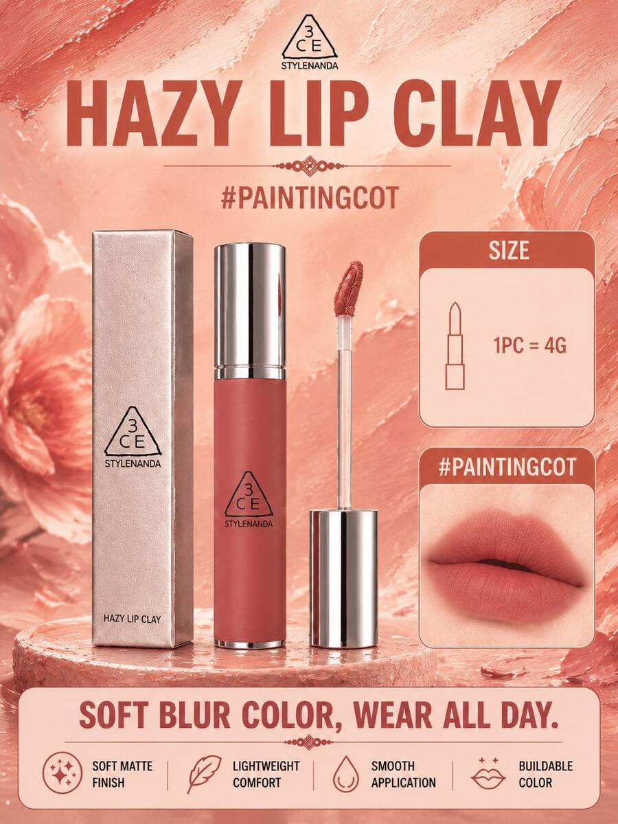 3CE HAZY LIP CLAY#PAINTINGCOT 4g，絲滑不拔乾，顯色可疊加，黃皮白皮都適配