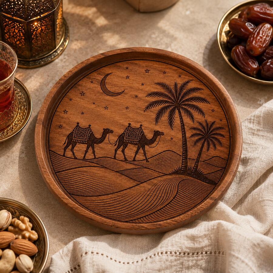 1pc Creative Walnut Wood Plate, Desert Camel Star Moon Date Palm Tree Carved Round Wooden Plate, Western Dinner Plate, Steak Plate, Candy Plate, Fruit Plate, Solid Wood Pizza Board, Serving Tray - View 1