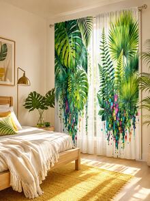 2pcs Creative Pixel Drip Watercolor Tropical Green Plant Pattern Printed Semi-Sheer Curtains, 90GSM Polyester Semi-Sheer Privacy Protection, Easy Installation, Quick Dry, Fade-Resistant, Lightweight Removable Washable Curtains, Suitable For Home, Room, Kitchen Partition Or Decoration - Multicolor - View 5
