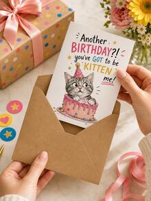 5pcs Funny Kitten Birthday Greeting Card With Kraft Envelope, Cute Tabby Cat In Cake Cartoon Print Happy Birthday Note Card, Humorous Quote Design Party Wish Card, Novelty Birthday Gift For Cat Lovers Friends Family Women Men - Multiple Styles - View 6