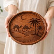 1pc Creative Walnut Wood Plate, Desert Camel Star Moon Date Palm Tree Carved Round Wooden Plate, Western Dinner Plate, Steak Plate, Candy Plate, Fruit Plate, Solid Wood Pizza Board, Serving Tray - View 7