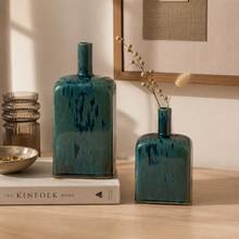 Teal Blue Reactive Glaze Ceramic Vase, Modern Square Decorative Bottle Vase For Living Room, Dining Room, Entryway, Shelf & Tabletop Home Decor, 2 Sizes - 1PC - View 5