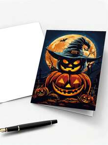 1pc Cross-Border New Halloween Greeting Card Collection, Cute Cartoon Pumpkin Ghost Black Cat Greeting Card With Envelope Set - B - View 3