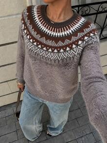Women's Fair Isle Knit Sweater, Long Sleeve Round Neck Drop Shoulder Top, Cozy Winter & Fall Knitwear - Khaki - View 7
