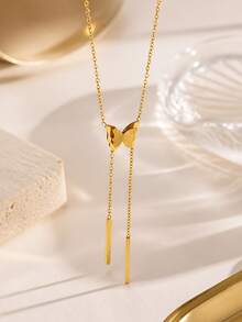 VceTd1PCS Elegant Cute Butterfly Decorated With Tassel Pendant Design Stainless Steel Y-Shaped Necklace For Women, Suitable For Daily Wear, Party Or Gift - Golden - View 4