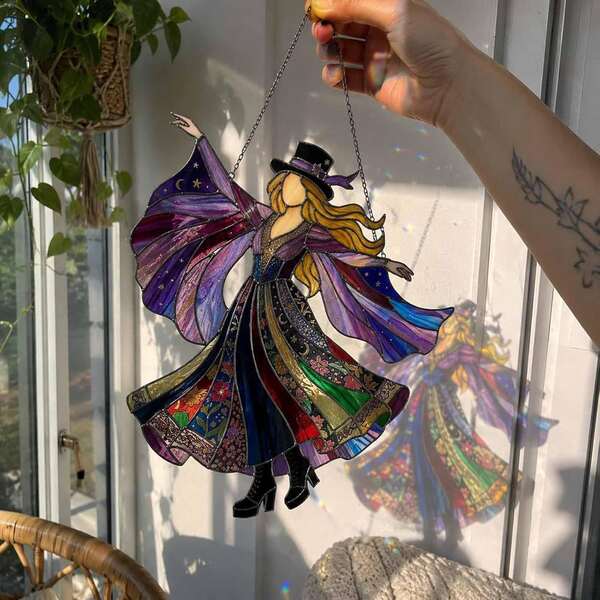 Witch Rock Goddess Acrylic Sun Catcher Decor, Charming Witch Acrylic Bohemian Style Colorful Glass Window Hanging Sun Catcher Witch Music Room Moon Decor Rainbow Maker Wall Art Decoration, Suitable For Halloween
