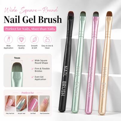 9mm Nail Gel Brush For Builder Gel, Wide Square Round Nail Brush, Professional Flat Gel Brush For Poly Gel, Acrylic Gel, Nail Extension & Nail Art, Salon DIY Manicure Tool Nail Tech Must Haves