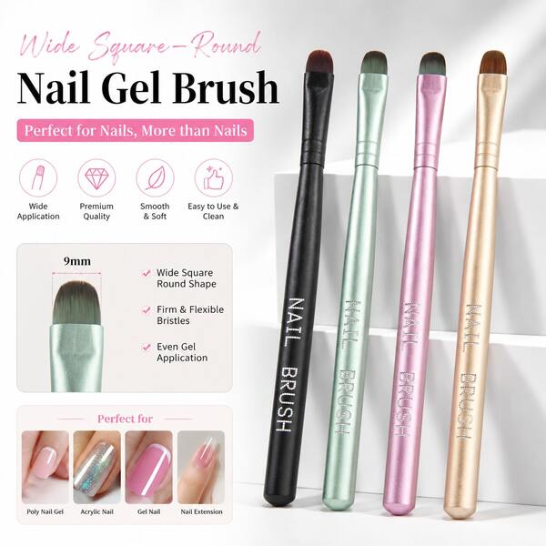 9mm Nail Gel Brush For Builder Gel, Wide Square Round Nail Brush, Professional Flat Gel Brush For Poly Gel, Acrylic Gel, Nail Extension & Nail Art, Salon DIY Manicure Tool Nail Tech Must Haves