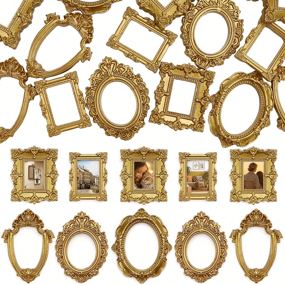 15pcs Mini Vintage Photo Frames, Small Resin Antique-Style Frames, Small Gold-Tone Frames Suitable For DIY Wall Hanging, Jewelry Display, Photography, Party, Hotel, Home Decor (Mini Frame A)