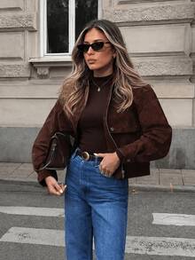 Jaket Varsity Wanita Bahan Suede dengan Kerah Tegak, Lengan Panjang, Resleting, dan Saku, Sempurna untuk Gaya Musim Gugur - Coffee Brown - View 1