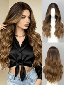Wig Belahan Tengah 28 Inci dengan Highlight Cokelat Gradien, Wig Serat Sintetis Panjang Bergelombang, Rambut Tahan Panas Tampilan Alami, Cocok untuk Pemakaian Sehari-hari dan Pesta Wanita - MultiWarna - View 4