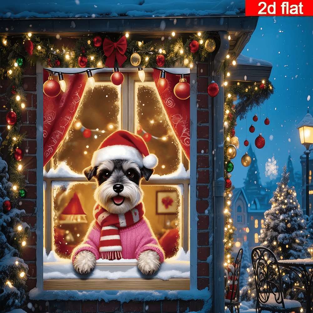 2D Flat Schnauzer Christmas Window Backdrop, Schnauzer Wearing Pink Sweater With Red And White Striped Scarf And Christmas Hat, Red Curtains And Warm Yellow Lights Decoration, Blurred Snowy Scene Outside The Window, Creating A Cozy Festive Atmosphere, Sui