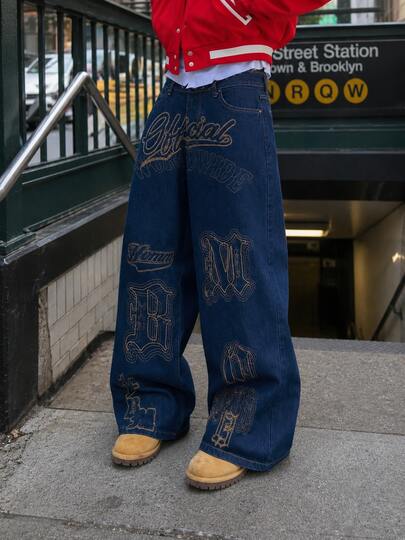 American Vintage Men's Loose Letter Print Black Retro Wide Leg Jeans, Suitable For Daily Commute Wear