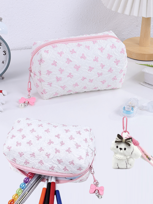 1pc Cute Bow Lightweight Pencil Case, Made Of High-Quality Polyester Material, Spacious Design, Can Store Stationery Supplies. Portable Fashion Student Backpack, Suitable As Stationery Gift For Friends During Back To School Season, Functions As Pencil Box And Pencil Bag, Ideal School Supplies Storage Bag.