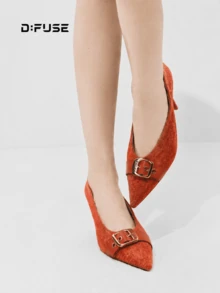 D:FUSE Women Houndstooth Decor Metal Buckle Pointed Toe Slip On Stiletto High Heel Pumps Vintage Office Siren Cozy Date Daily Wedding Red Microfiber - Burnt Orange - View 7