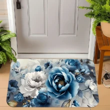 [Rose Design Room Decor] 1/2pcs High-Quality Flannel White Blue Rose Kitchen Mat Set | Indoor & Outdoor Comfortable Carpets For Home, Office, Laundry, Bathroom, Holiday Decor | Thickness 0.47 Inches - Multicolor - View 4