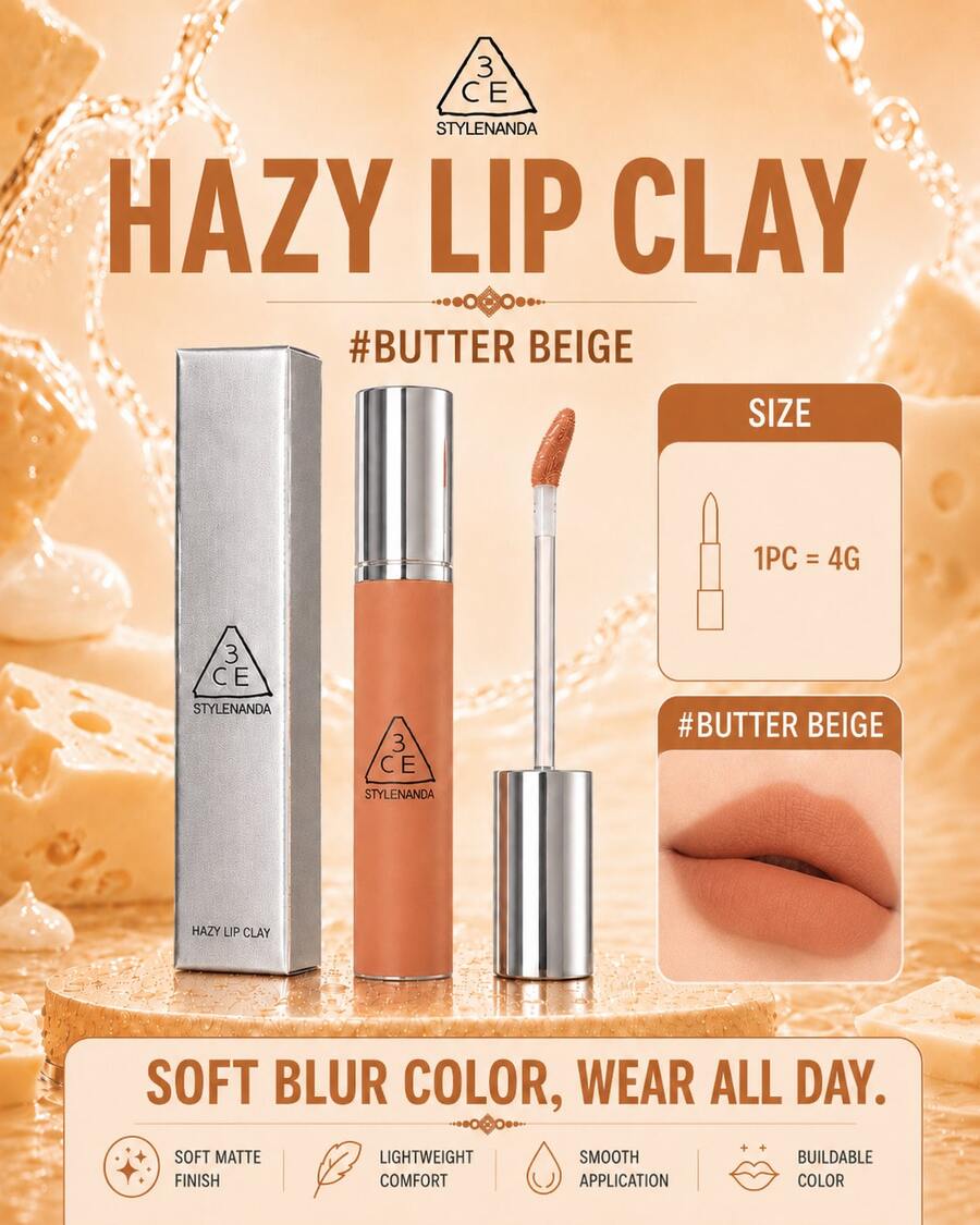3CE HAZY LIP CLAY#BUTTER BEIGE 4g，絲滑不拔乾，顯色可疊加，黃皮白皮都適配