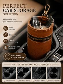Luxury Handmade Leather Car Storage Box, Vintage Zipper Coin Organizer, High-End Craftsmanship Car Cup Holder Small Item Storage Box, Unique Gift For Drivers - One Size Fits All - View 3
