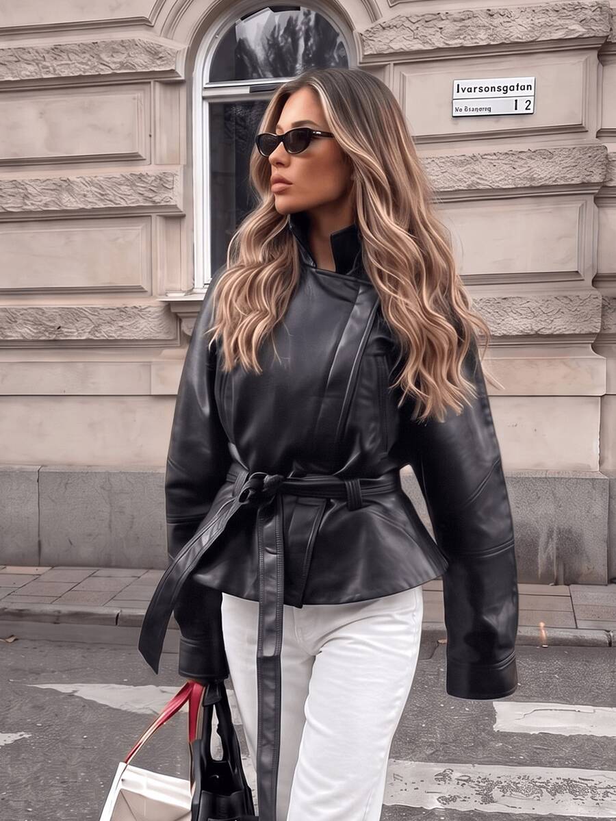 Women's New Autumn Fashion Urban Modern Style PU Leather Belt Waist Jacket Black Fall - Black - View 1
