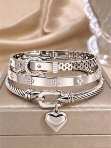 Camhanno 3pcs/Set Fashionable Stainless Steel Bracelet, Inlaid With Transparent Zirconia, Elegant And Flattering To Skin Tone, Versatile For Any Outfit - Silver - View 1