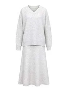 Women's Elegant Light Grey V-Neck Knit Sweater And Midi Skirt Two Pieces Set, Perfect For Casual Fall And Winter Daily Wear With A Comfortable Fit. - Apricot - View 6